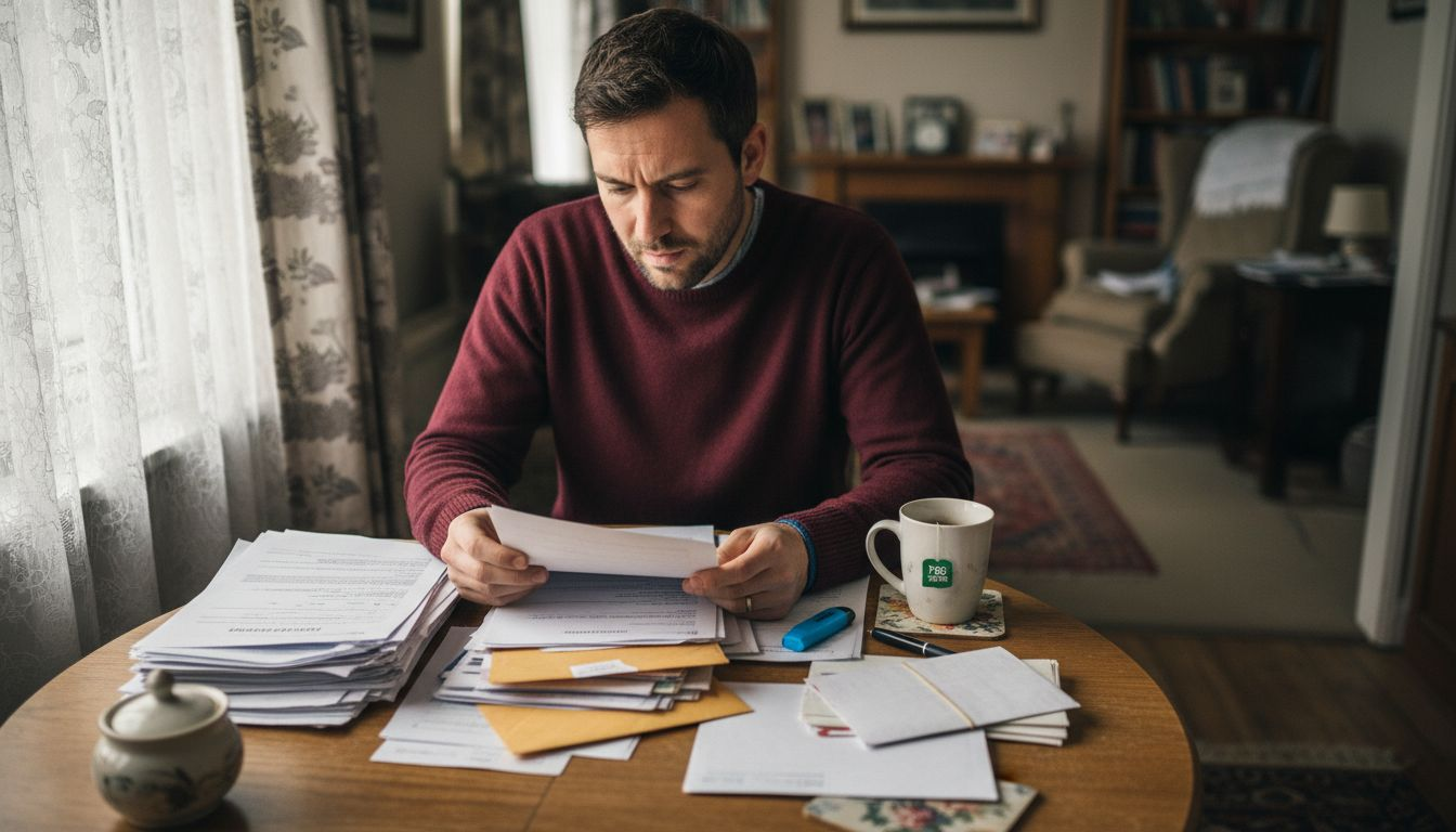 Man reviewing insurance documents at home