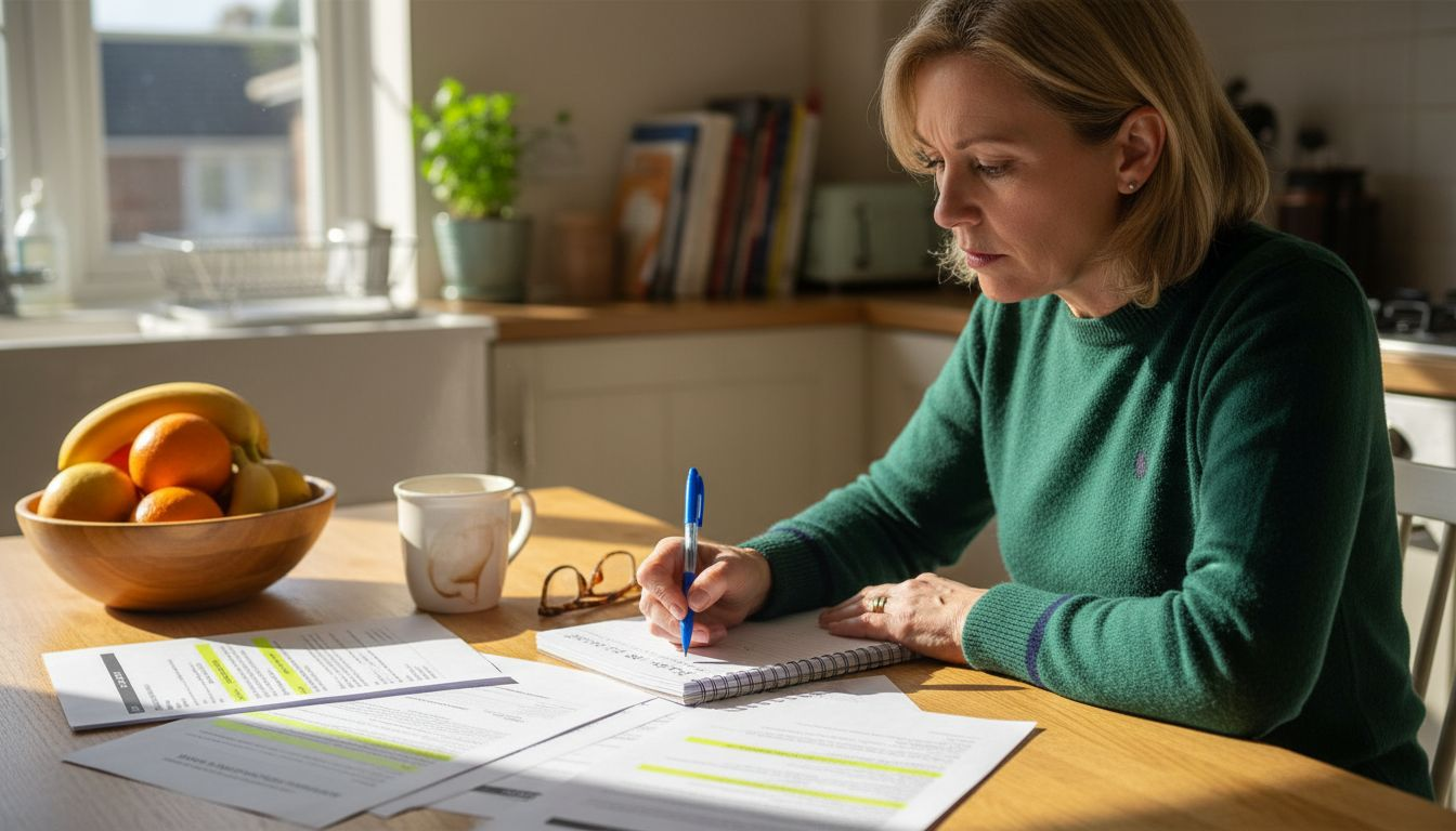 Woman reviewing insurance paperwork at kitchen table