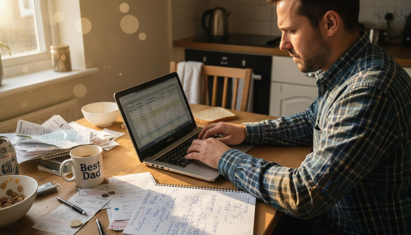 Man comparing bills on kitchen table UK