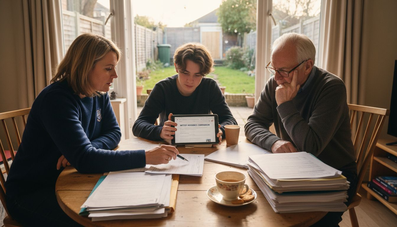 British family reviewing insurance policies at home