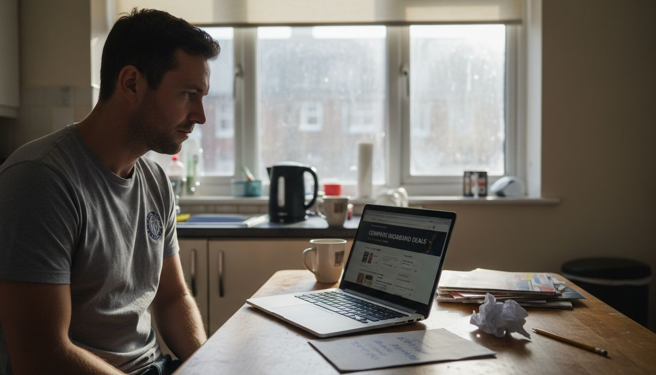 Man comparing broadband deals at kitchen table