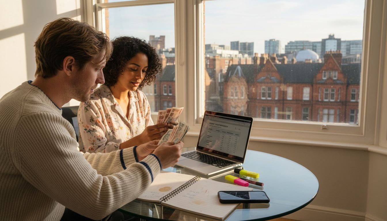 Two adults comparing household bills at kitchen table