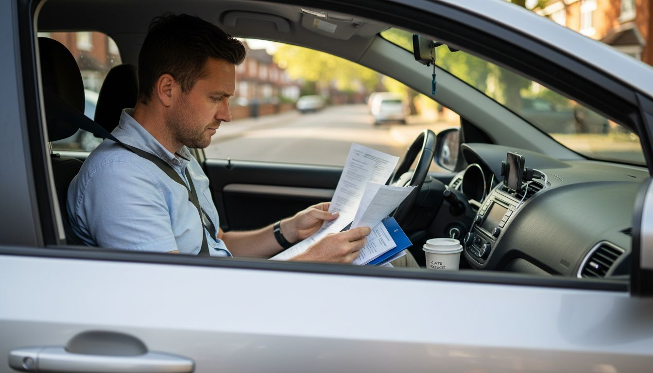 Driver reviewing car insurance paperwork in car