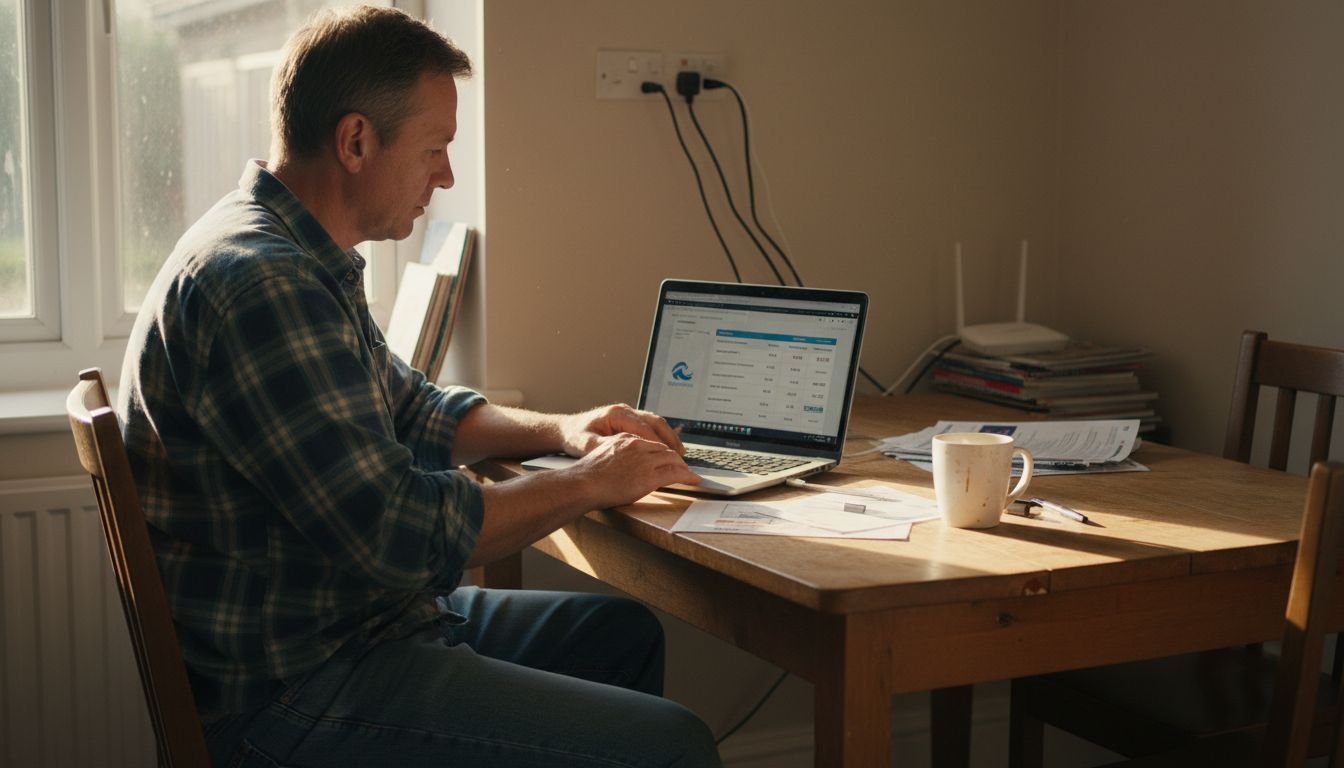 Man comparing broadband deals at kitchen table