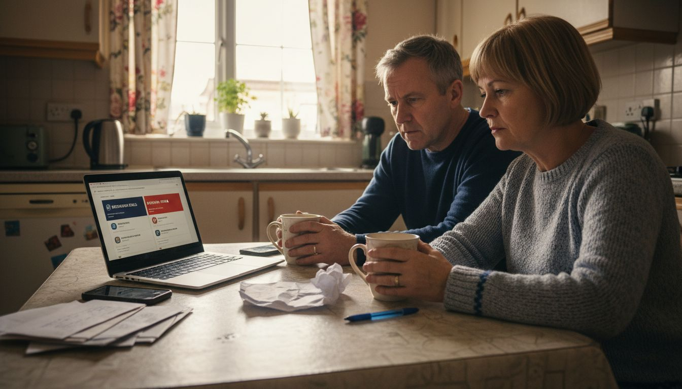 Couple comparing broadband options at kitchen table