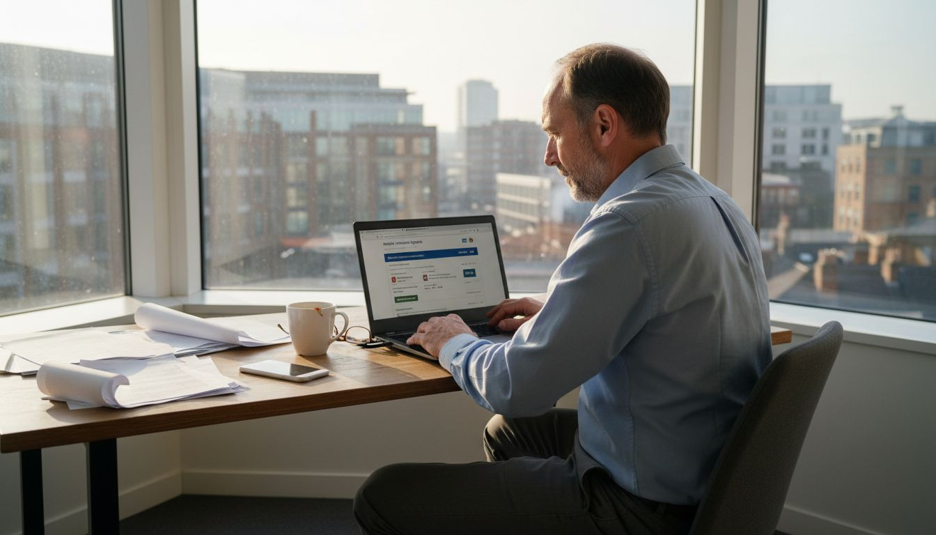 Man comparing car insurance prices in office
